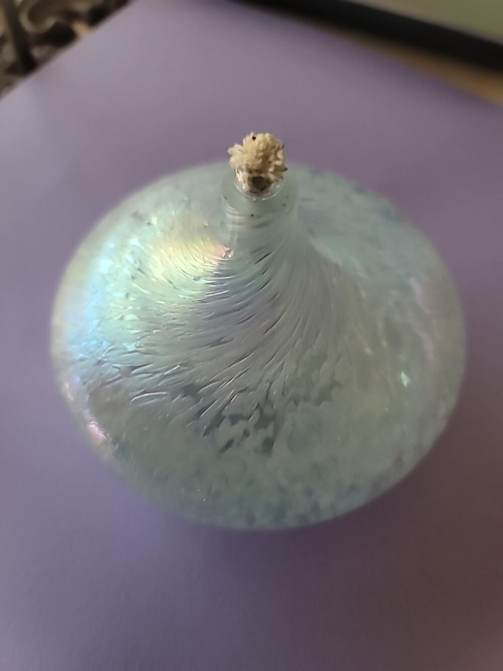 Hand blown Art Glass Oil Lamp White Iridescent Swirl Oblate Sphere with Wick